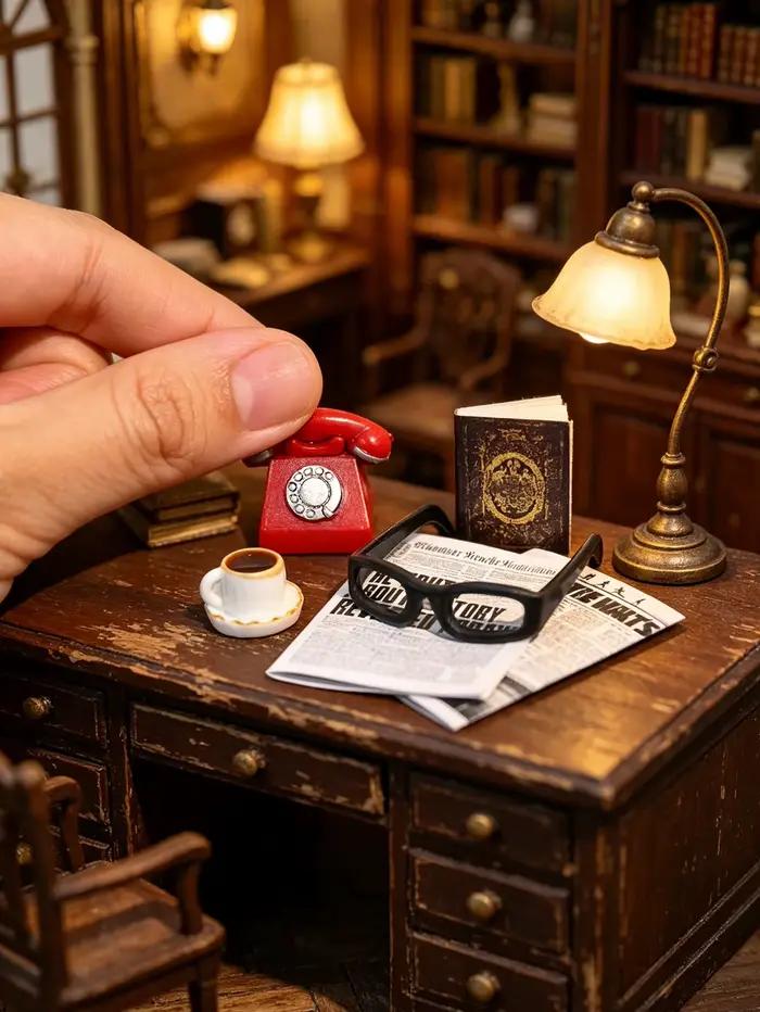 Ornement de bureau vintage miniature, téléphone miniature, lunettes miniatures, accessoires pour maison de poupée 1/6, 1/12, décoration de maison de poupée, accessoires pour maison miniature, accessoi