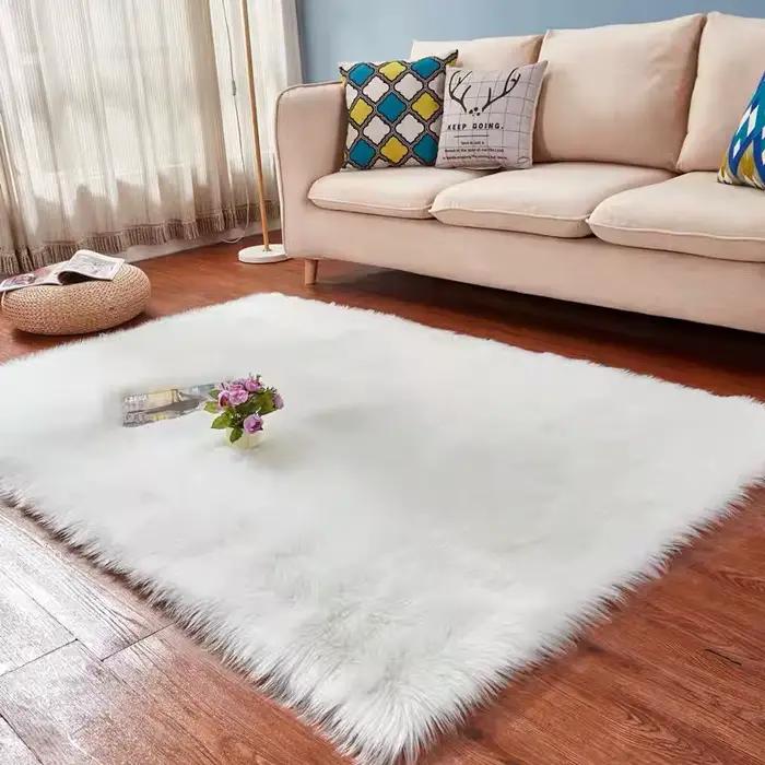 tapis de chambre Tapis peluche en peau de mouton pour chambre à coucher et salon, poils longs, blanc, fourrure rouge pour enfants