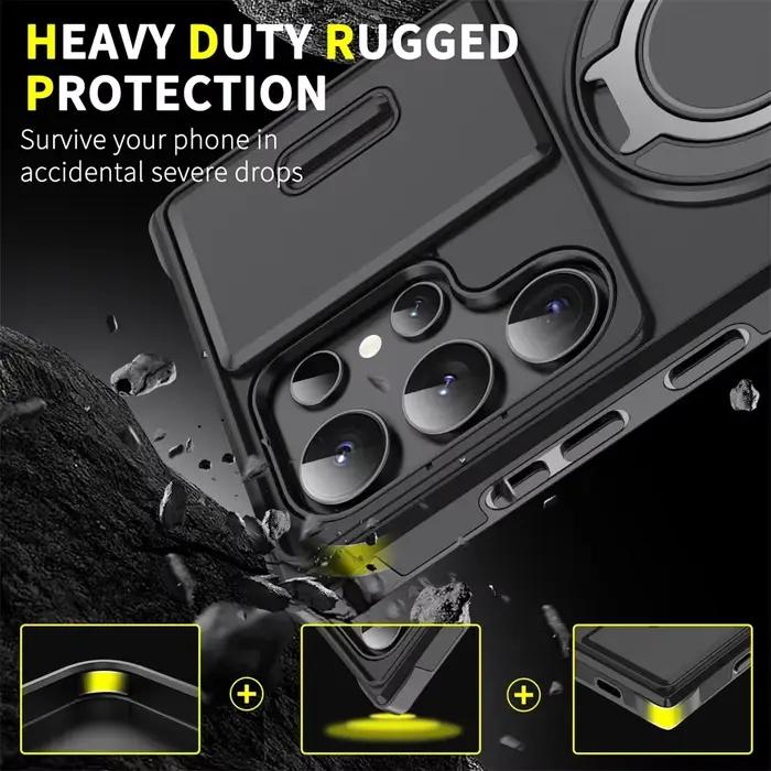 Étui magnétique antichoc avec support pour Samsung S26 S25 S24 S22 S21 S23 S20 Ultra Plus FE Edge, protection coulissante de l'appareil photo