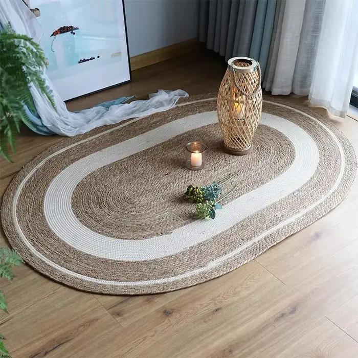 Tapis ovale en jute tressé, style bohème naturel, avec rayures blanches, lavable et antidérapant, pour salon et chambre.