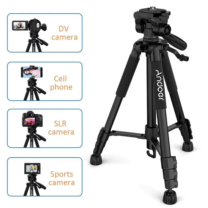 Andoer TTT-663N Trépied de voyage léger de 57,5 pouces pour appareil photo, trépied pour téléphone, pour appareil photo reflex numérique, caméscope, photographie, vidéo