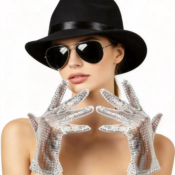 Ensemble d'accessoires de costume Michael Jackson : Gants à sequins, chapeau Fedora, lunettes de soleil – Idéal pour Halloween, cosplay, fête, scène ou performance.