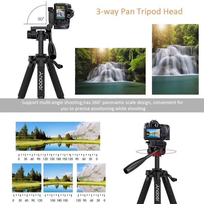 Andoer TTT-663N Trépied de voyage léger de 57,5 pouces pour appareil photo, trépied pour téléphone, pour appareil photo reflex numérique, caméscope, photographie, vidéo