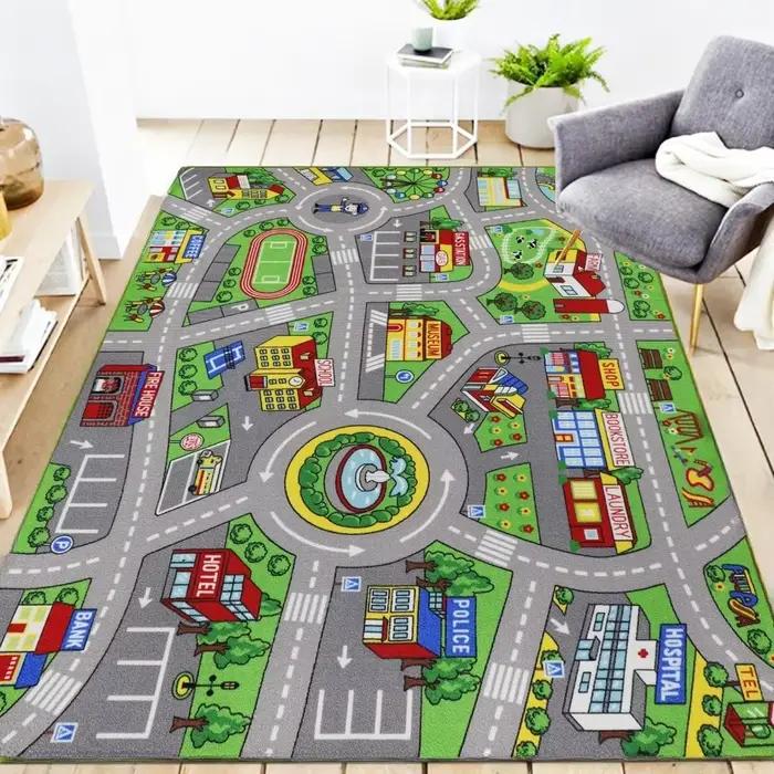 Tapis de jeu de route de circulation pour enfants, lavable, carte de voiture, apprentissage éducatif, pour salle de jeux, décor de chambre à coucher, Alfombra