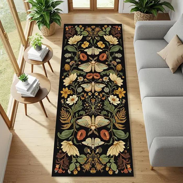 Tapis de couloir vintage à motif floral botanique style sirène, tapis décoratif rétro Art Nouveau à imprimé floral pour salon, chambre et couloir