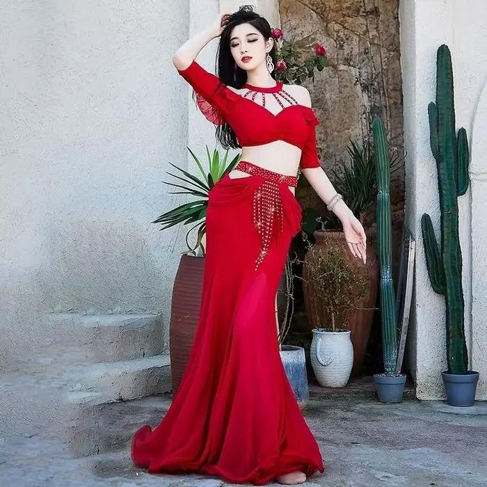 Femmes danse du ventre Style Oriental femmes groupe Costume filles tenue d'entraînement Shimmy franges haut à licou bourgeons queue de poisson jupes longues