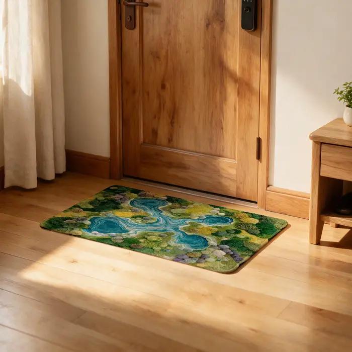 Tapis décoratif motif ruisseau forestier pour salon, chambre, couloir, intérieur/extérieur, lavable, adapté aux animaux domestiques, décoration intérieure