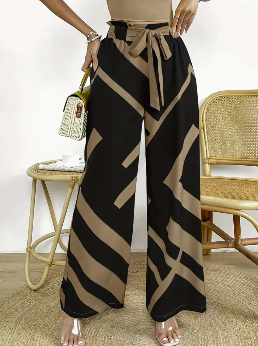 Pantalon à jambes larges imprimé à motifs géométriques, décontracté, ample, avec nœud sur le devant,
