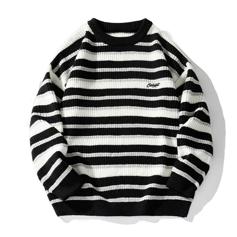 Vintage rayé chandails tricotés pour hommes automne hiver nouveau décontracté col rond brodé pulls S