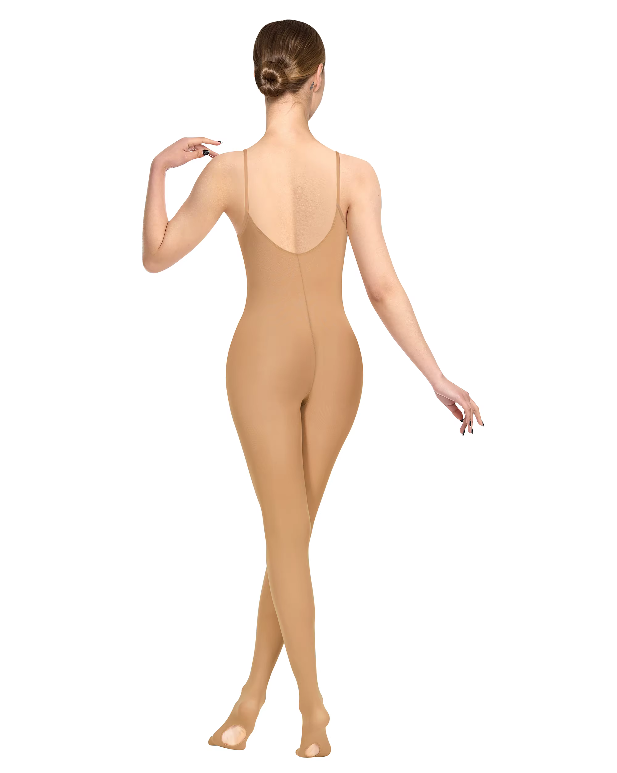 Collants de danse complet pour femmes, couleur chair, bretelles transparentes et nues, sangle d'épau