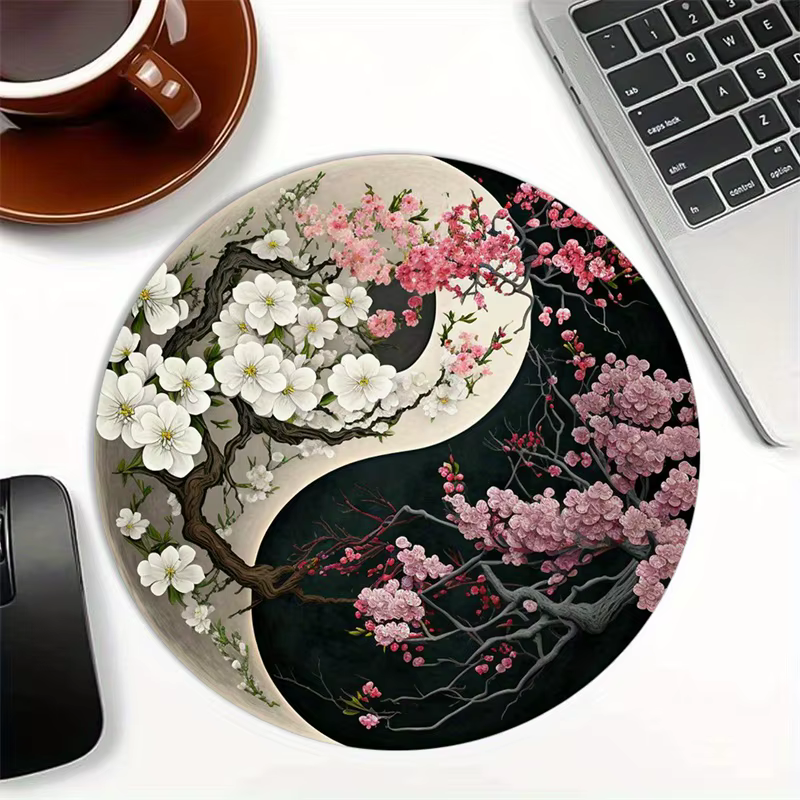 Tapis de souris rond japonais sakura, petit tapis de bureau Tai Chi, en caoutchouc antidérapant, pou
