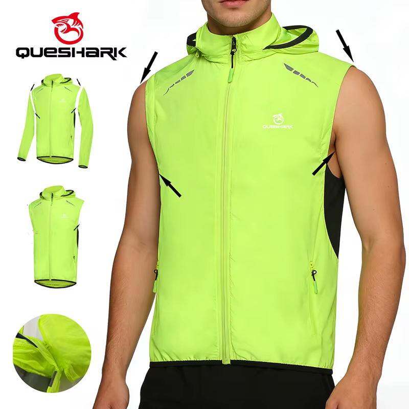 QUESHARK Veste de cyclisme pour hommes, manches amovibles, coupe-vent, résistante à l'eau, veste de 