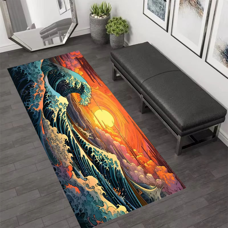 Tapis de couloir de style japonais, motif vague océanique et fleurs de cerisier, décoration intérieu