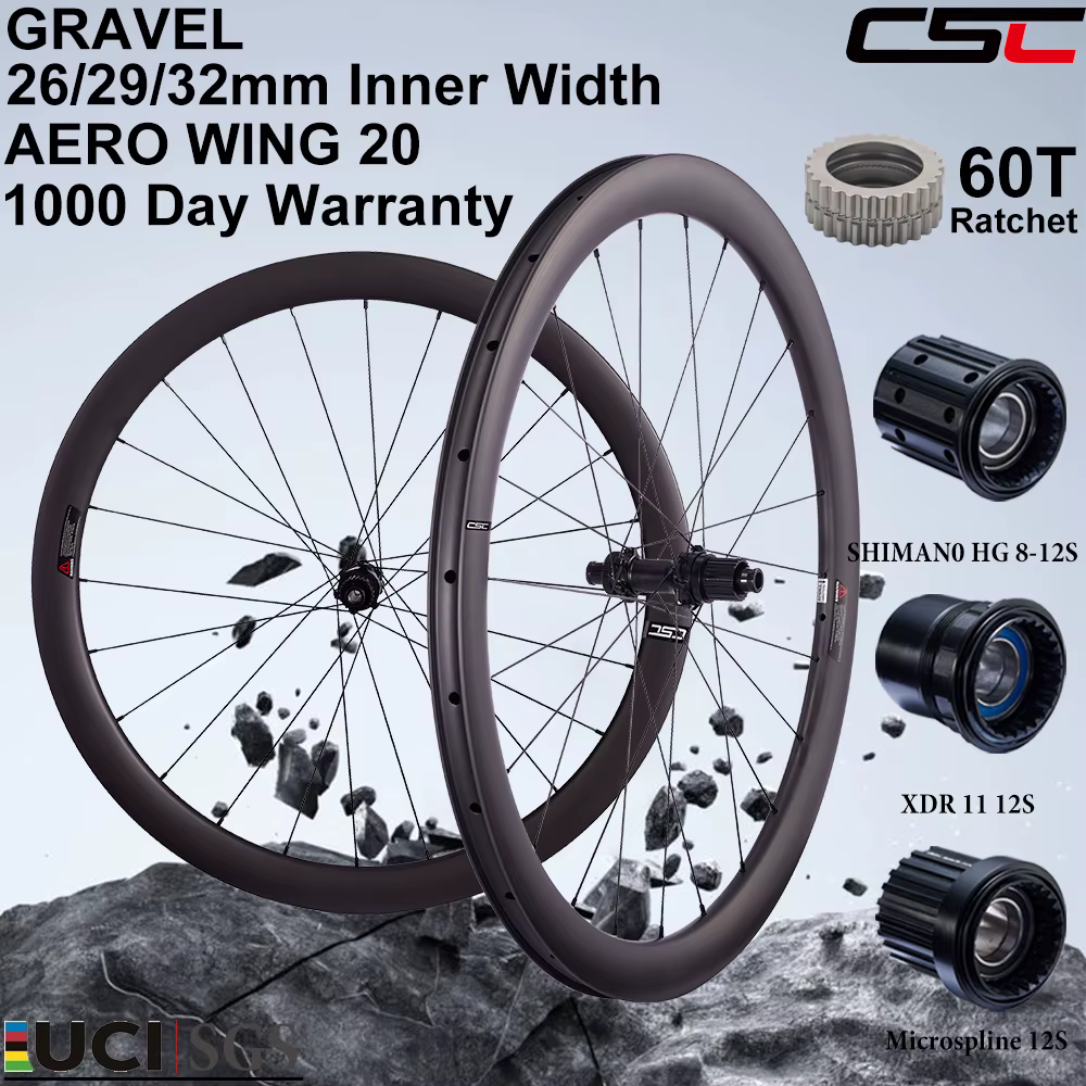 Roues en carbone CSC 700C Gravel Tubeless avec système de roulement à cliquet Aero WING 20 rayons 60