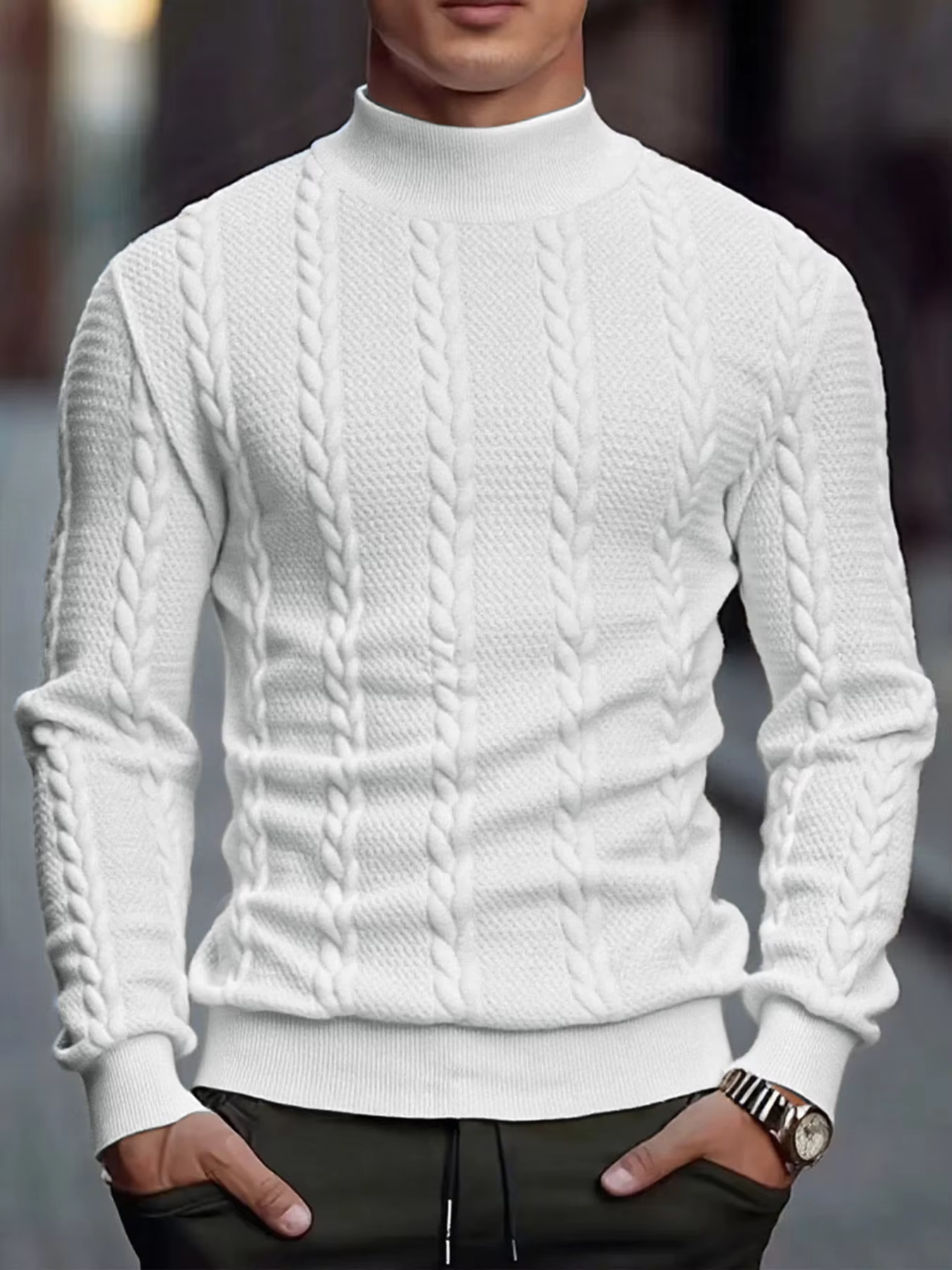 Pull tricoté à col haut pour hommes, décontracté, Vintage, torsadé, hauts d'hiver, couleur unie, Sli