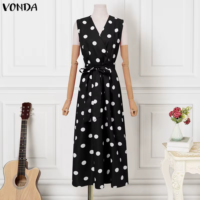 VONDA Fashion OL Work Women Dress Summer Sleeveless V Neck A-line Polka Dots Sundress Party Vestidos