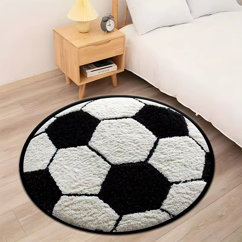 Tapis rond classique noir et blanc motif ballon de football pour les fans de football, surface textu
