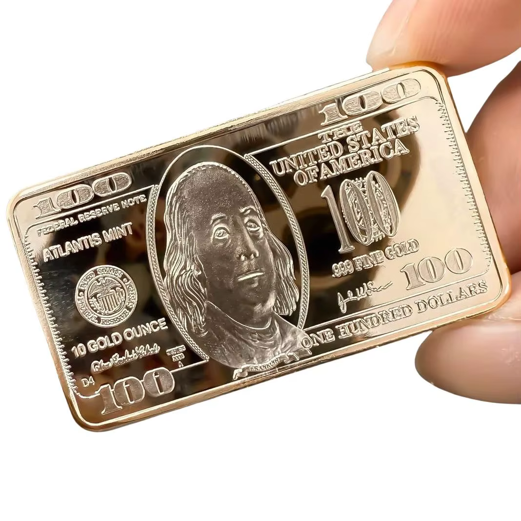 Nouveau prix usine 10oz 100 USD lingot de dollars 24k barre d'or pièce de monnaie en métal américain