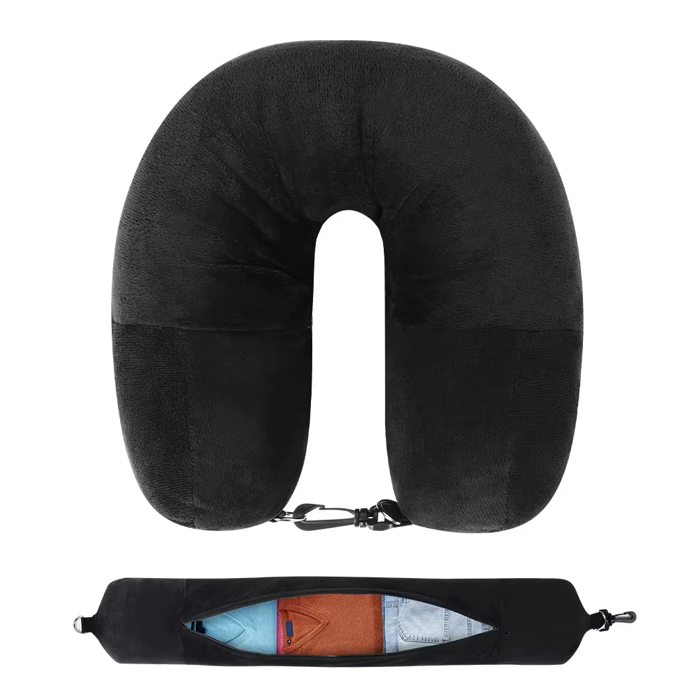 Oreiller de voyage en velours avec housse en forme de U remplissable, sac de rangement supplémentair
