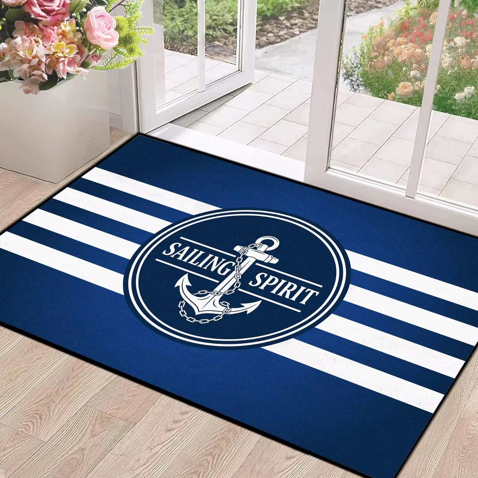 Tapis nautique bleu marine foncé, motif marin vintage avec ancre et gouvernail, tapis antidérapant l