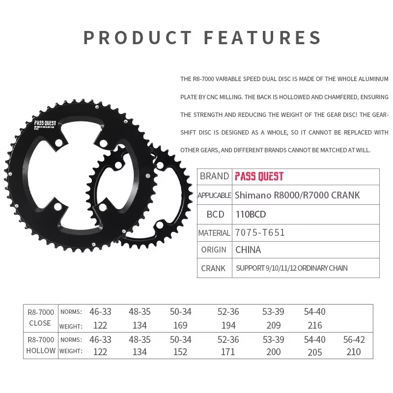PASS QUEST 110bcd plateau pour Shimano 105 R7000 R8000 110 bcd Double anneau de chaîne de route 46/3