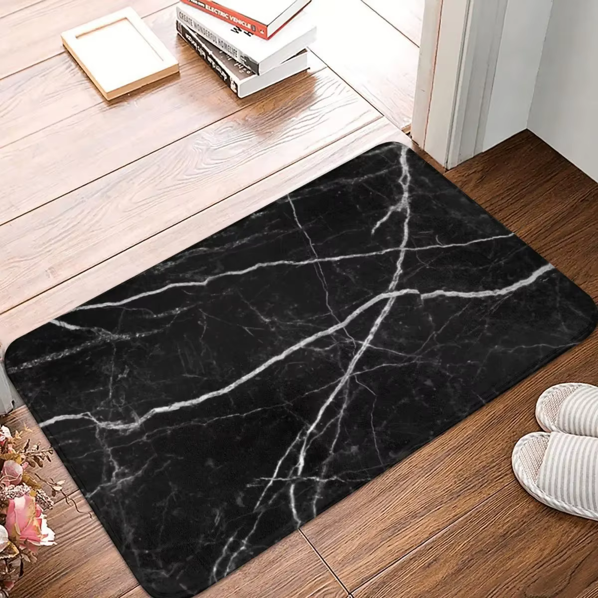 Pierre de marbre noir motif Bergame, Doorvirus, entrée de cuisine non ald, polyester, tapis, polymèr