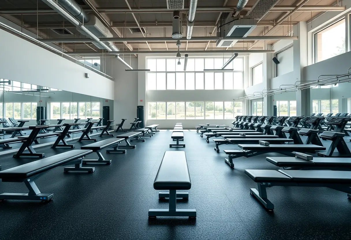 Vue large d'une salle de gym avec différents types de bancs, dont des bancs plats, inclinés et déclinés