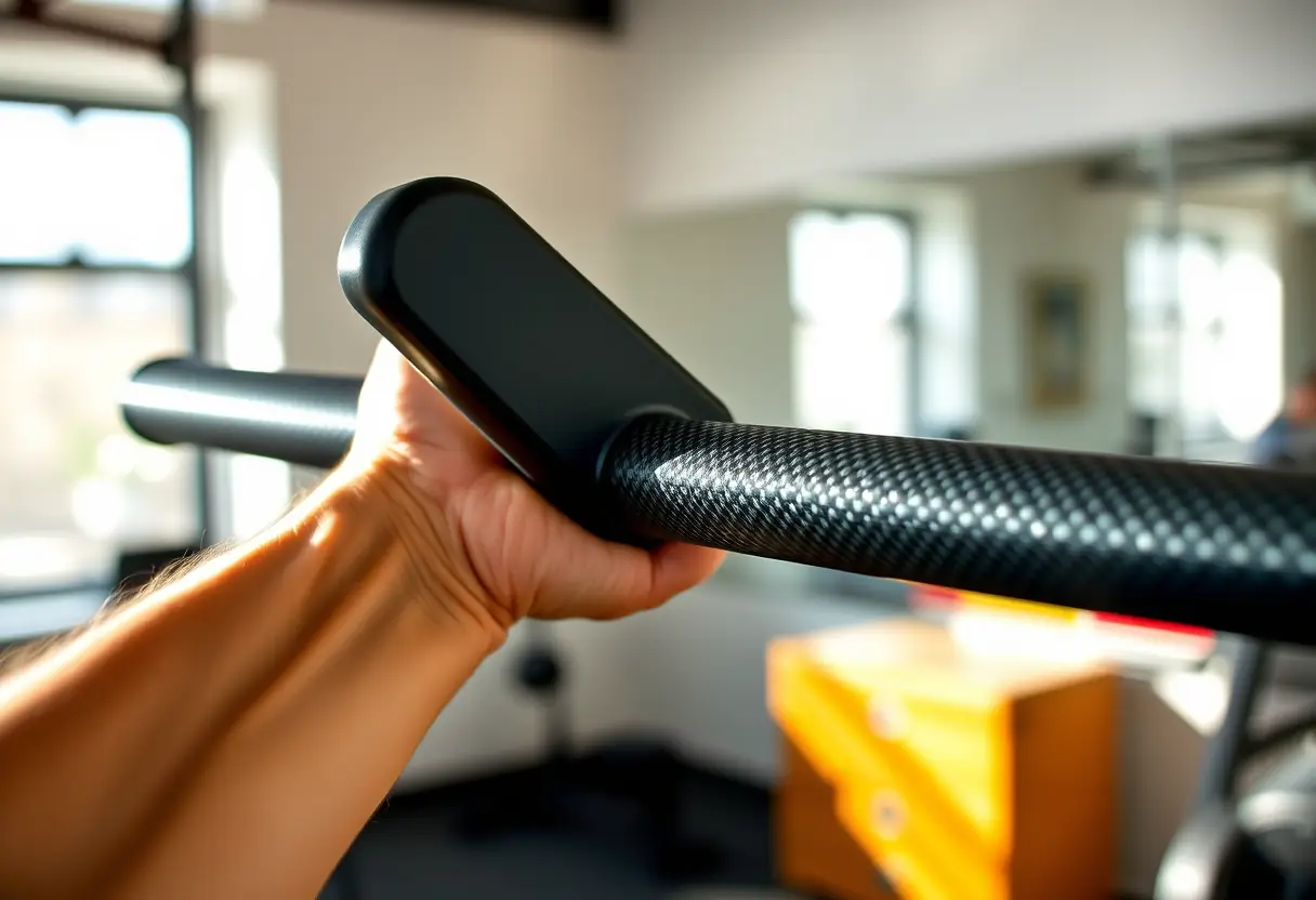 Main tenant une barre de curl en fibre de carbone dans un gymnase