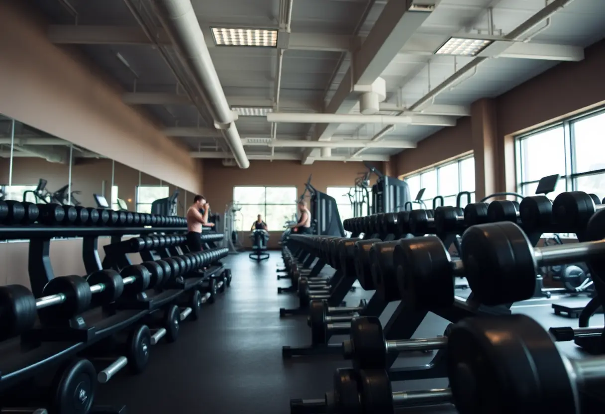 Salle de musculation avec différents haltères et appareils de musculation utilisés