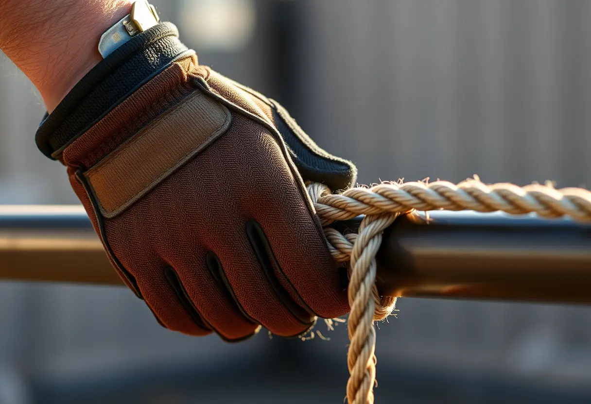 Main de soldat en train d'installer une corde sur une barre métallique